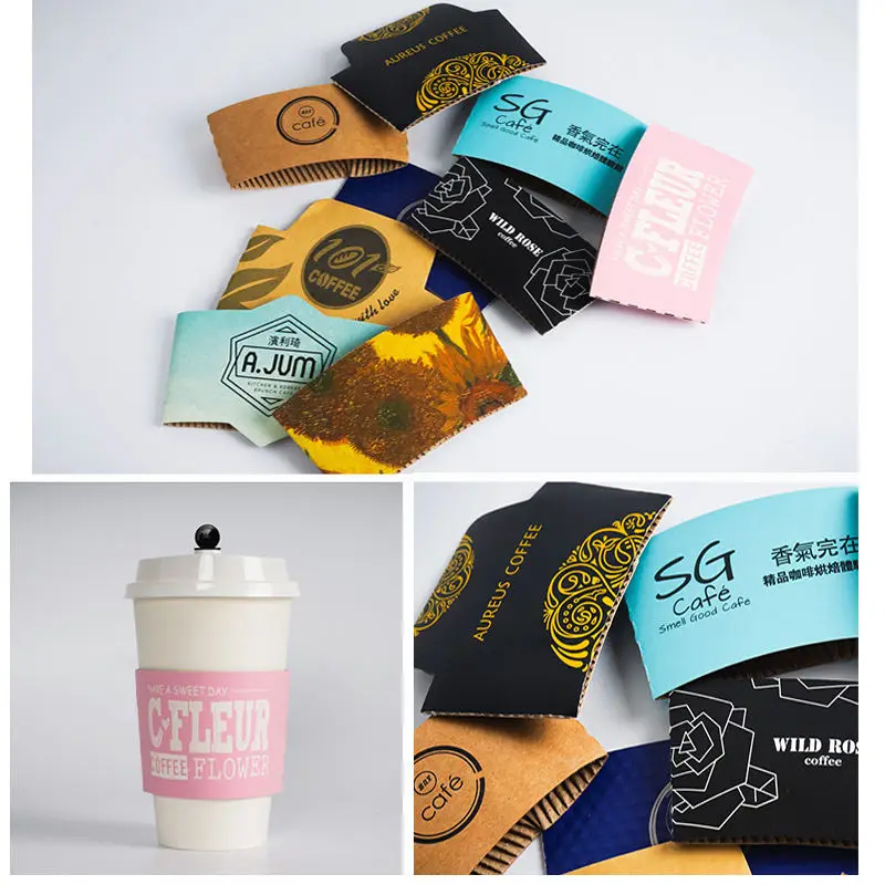 Wholesale Price Custom Hot Cold Drinks Paper Cup Sleeve Holder Corrugated Kraft Paper Sleeve 2Mm For Coffee Beverage Plastic Cup details