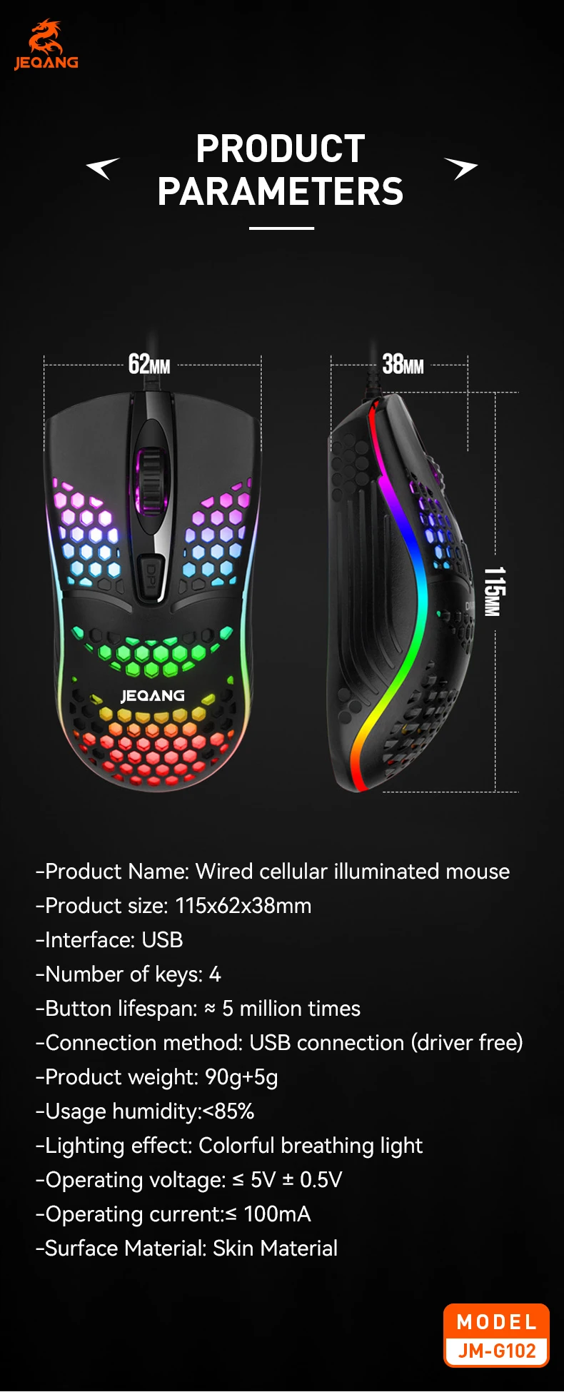 Jeqang RGB Backlit Optical Mouse with 1.5m USB 3D Engraving Roller Cavity Design Mini Gaming Style for Gamers PC Laptops