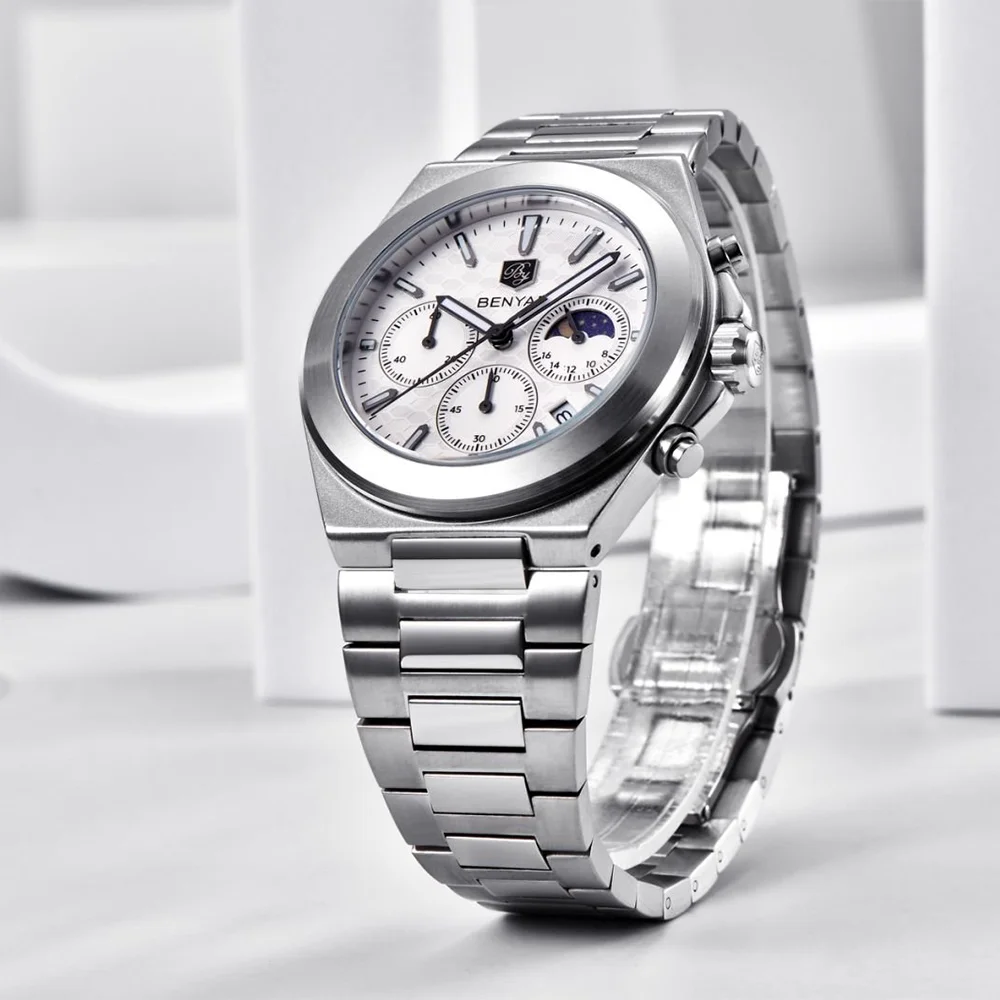 BENYAR 5220 Classic Business Watch Quartz Stainless Steel Waterproof Watch Multi Functional Moon Phase Dial Watches for Man