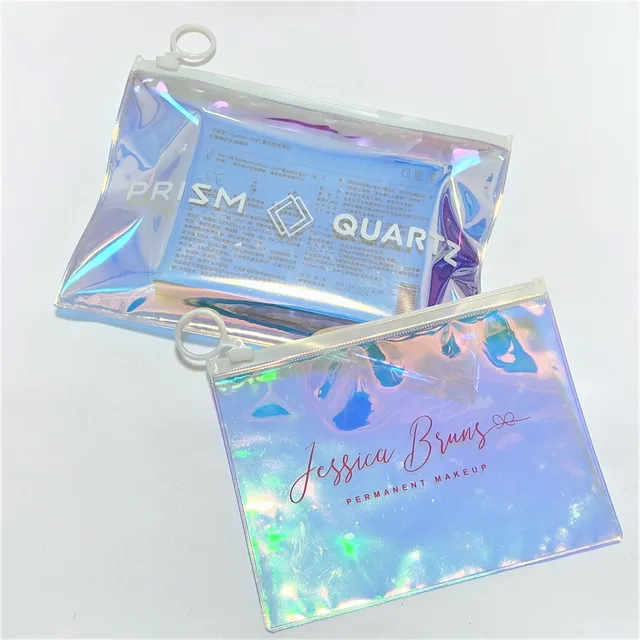 Custom Pvc Holographic Cosmetic Zip Makeup Pouch With Logo Plastic Zipper Bag Recyclable Waterproof And Dustproof Zipper Bag
