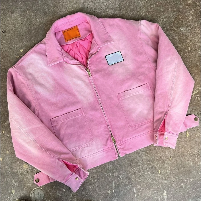 Factory Custom Men's Heavyweight Cotton Black Lining Zip up Vintage Wash Canvas Denim Jacket for Men details