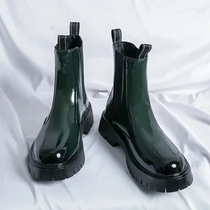 Classy Design Latest Production Green Patent Leather Platform Ankle Boots for Men Slip on Dress Formal Shoes All Season