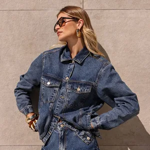 Retro Dark Blue Button Casual Washed Denim Jacket Women Autumn Solid Full Sleeve Loose Fit Quick Dry 850g Polyester/Cotton