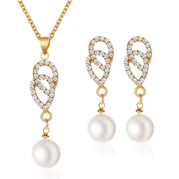 Fashion Wedding Jewelry Set For Women Imitation Pearl Crystal Earring Necklace Pendant Rhinestone New Suit Ear Stud Necklace