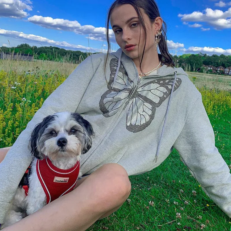 Diamond Butterfly Women Gray Hoodie 