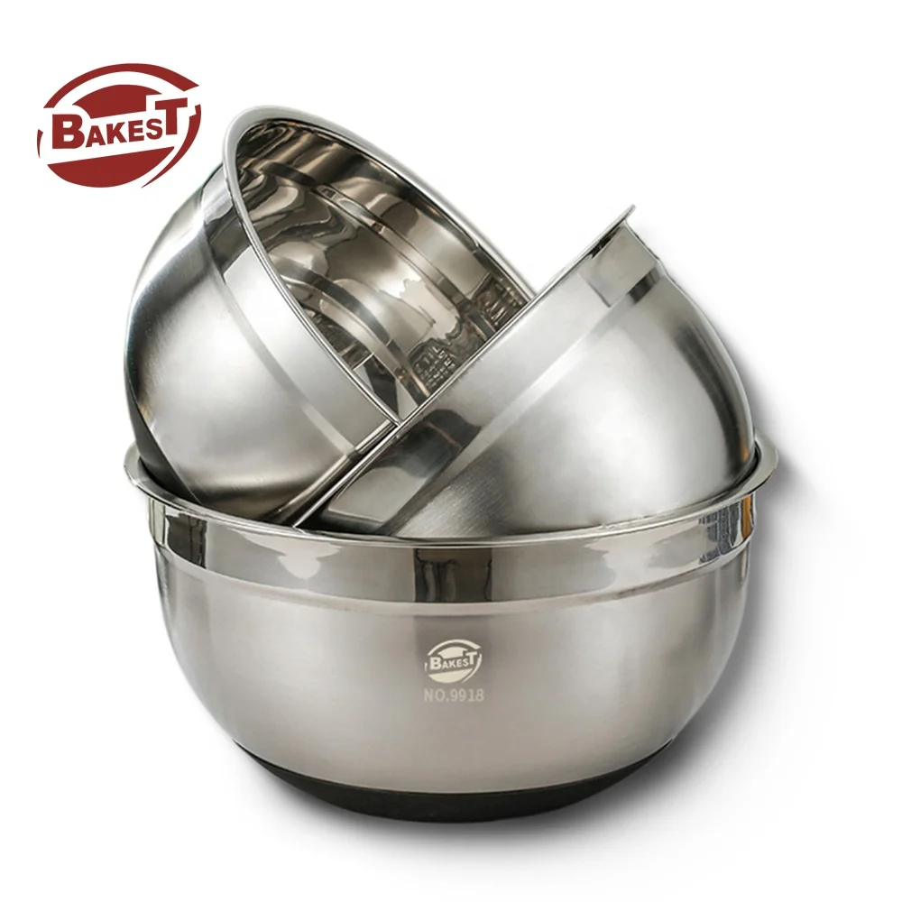 Hot Sales Silicone Bottom Non-slip Flat Egg Mixing Bowl 304 Stainless Steel Metal Bakery Mixing Round Bowls