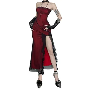 European and American Dark Gothic - Style Burgundy Strapless  High Slitsexy Long Dress