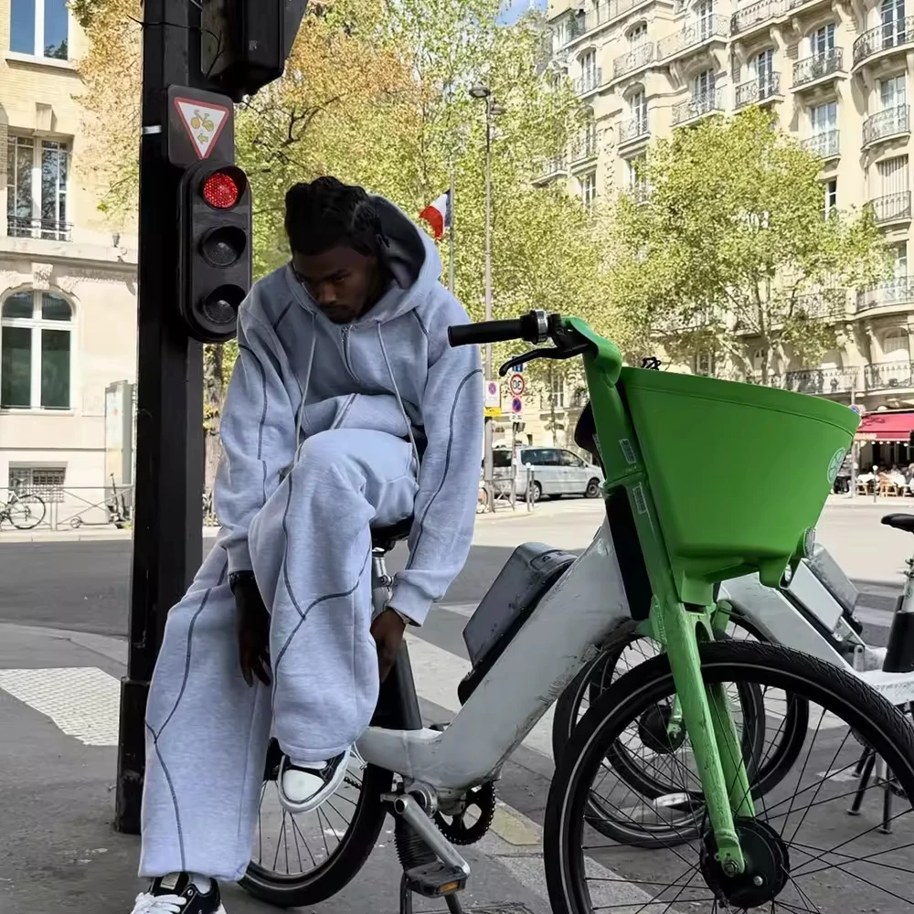 Custom Boxy Fit Gray Flared Stacked Baggy Oversized French Terry Cotton Sweatsuit Printed Sweatpants and Hoodie Set for Men gallery 3