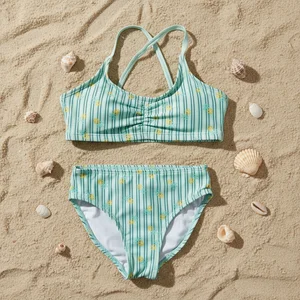 OEM Custom UPF50+ Stylish Mint Green Stripe Pineapple Print Cross-Back Girls' Two-Piece Bikini Swimsuit Front Pool Summer Fun