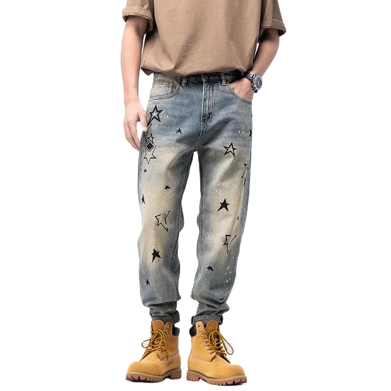Customize Logo Spring Street Retro Washed Men Denim Jeans Star Print Distressed Straight Leg Jeans