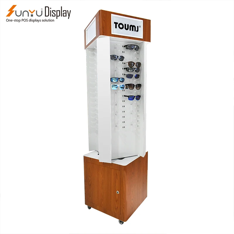 High Fashion Custom Acrylic and Wood Glasses Display Stand Floor to Floor Transparent Shelf Can Rotate and Push Slide