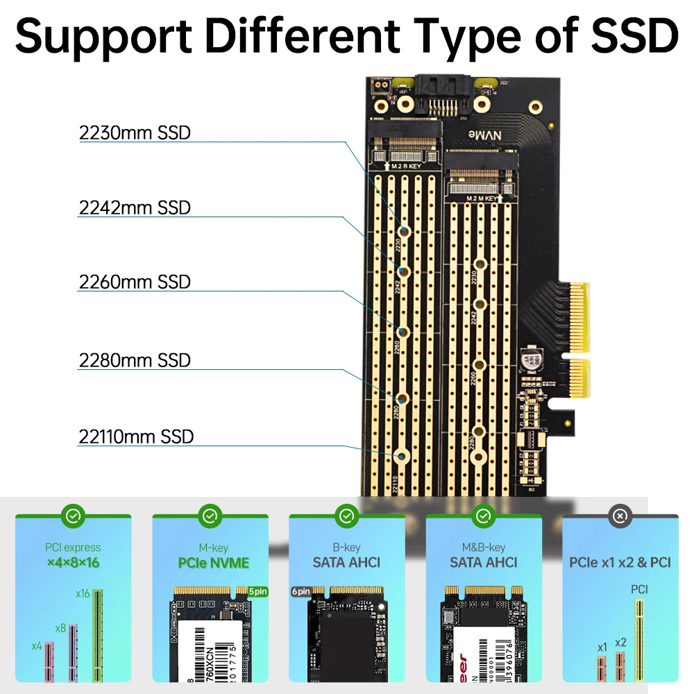 AMPCOM Dual M.2 PCIE 4.0 Adapter Card for NVMe / SATA SSD, NVME (m Key) and SATA (b Key) 22110/80/60/42/30 SSD to PCIe x4 Slot
