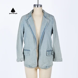 Women Light Blue Denim Blazer Cuffs Flap Pockets Washed Finish Relaxed Silhouette Casual Style Cotton Fabric Daily Commute