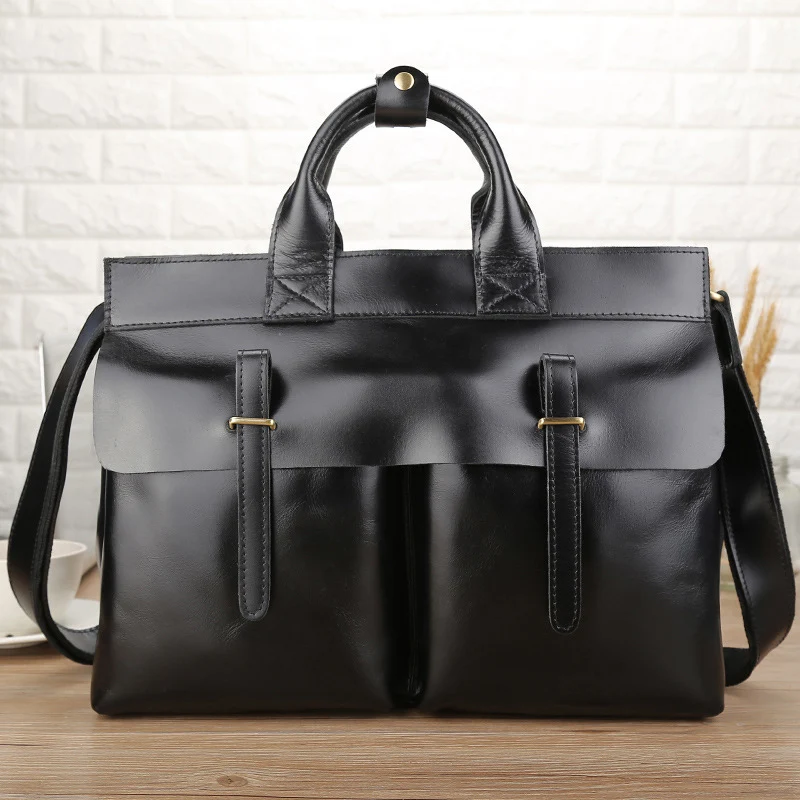 TIDING Drop Shipping Office Business Genuine Leather Black Men Soft Real Leather Briefcase Slim Leather Laptop Bag