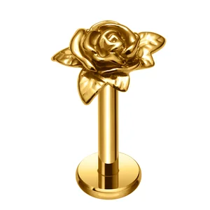 G23 Titanium 16G Rose Ear Studs Flat Back Flower Shape Earrings Zircon Women's Gold Lip Nose Tragus Helix Lobe Piercing Jewelry