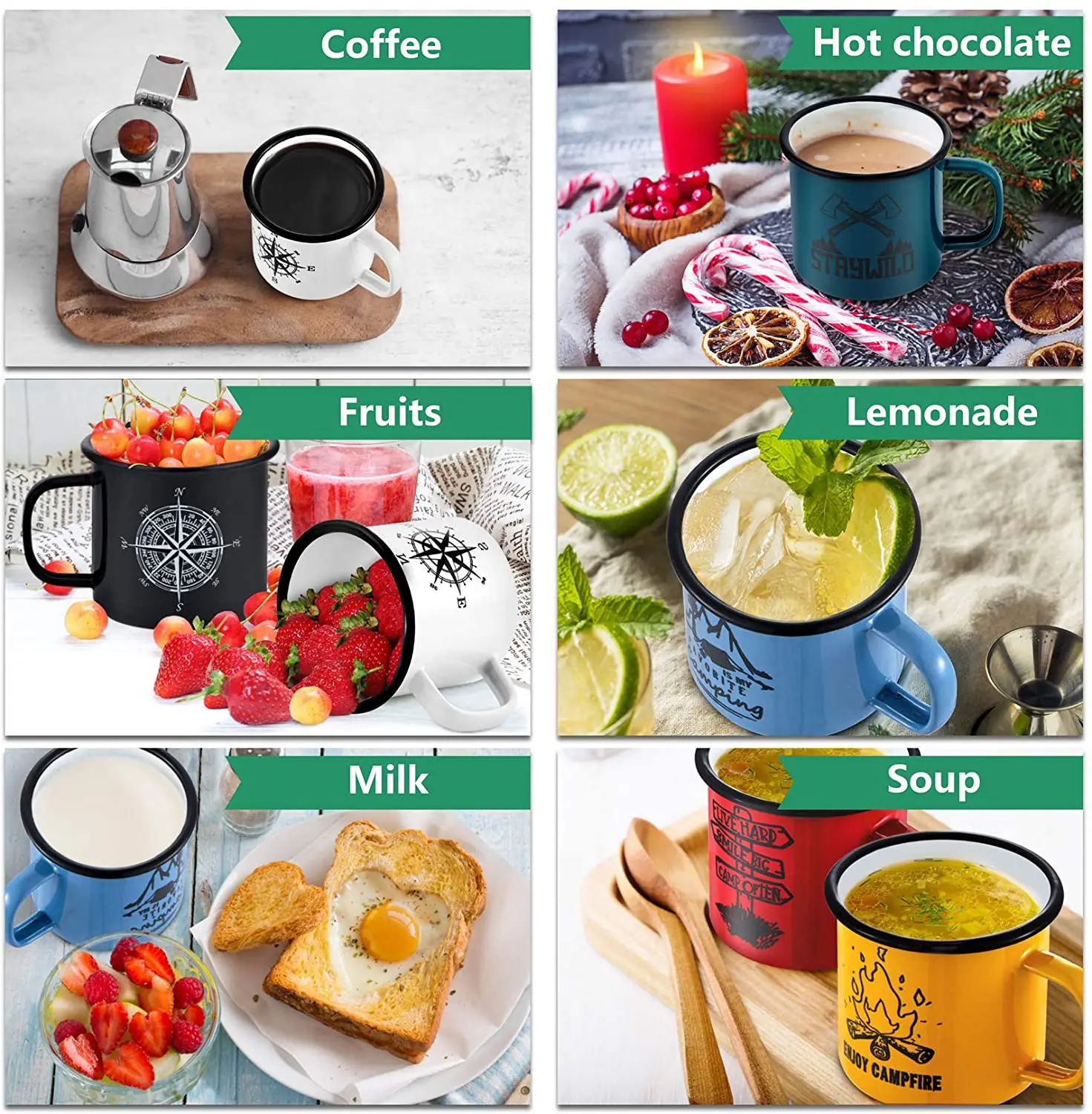 Enamel Camping Mug Custom Capacity Design Metal Steel Tin Dishwasher
