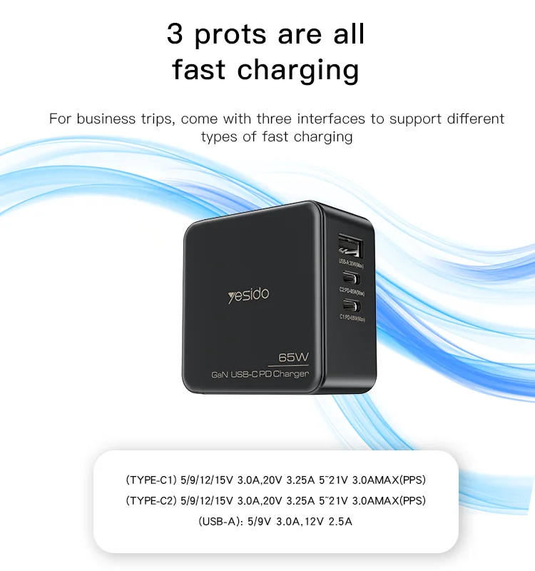 Yesido GaN 3 Ports Charger 3 in 1 Replacible charging plug 65W Mini Fast Charger For EU US UK