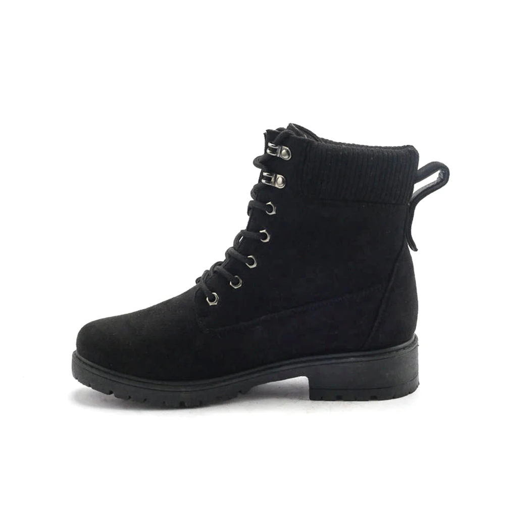 Customized women black ankle suede boots ladies flat lace up winter short boots