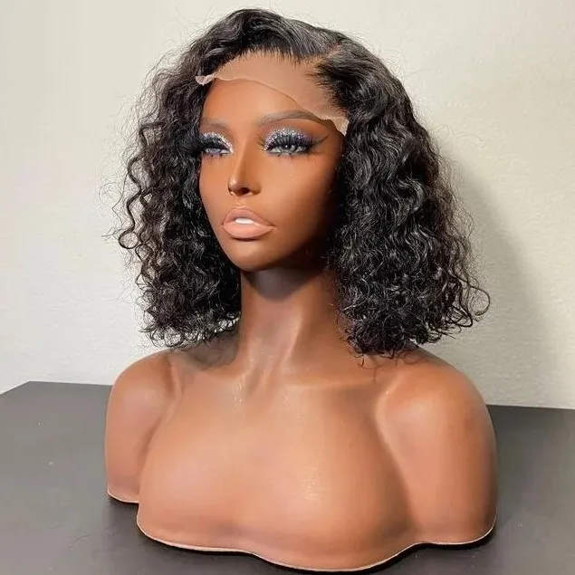 Quality Brazilian Glueless Human Hair Wig Kinky Curly Short Bob HD Frontal Available Straight Deep Wave Transparent Front Black