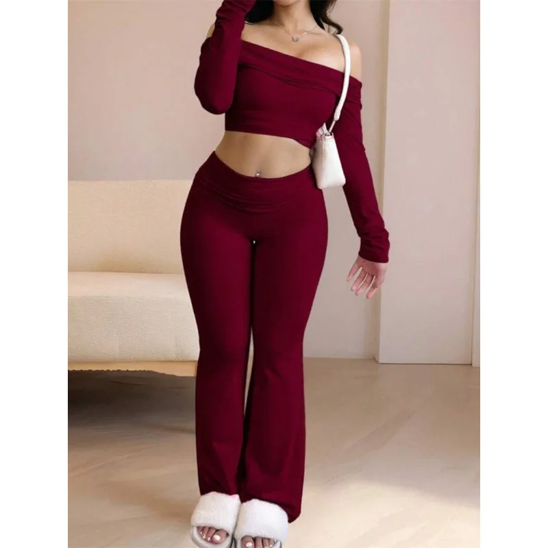 MCDUII Solid color fleece-lined off-shoulder long-sleeved mid-length top Yoga Set Woman