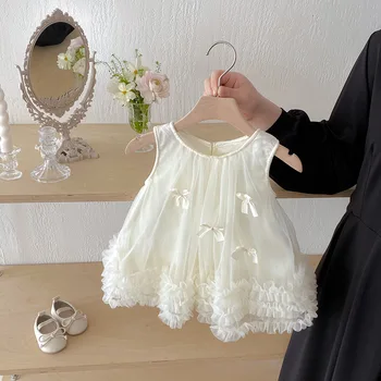 2025 New Fashion Summer Floral Skirts Casual Bow Sweet Cute Baby Dresses Strap Mesh Little Girl's Princess Dress