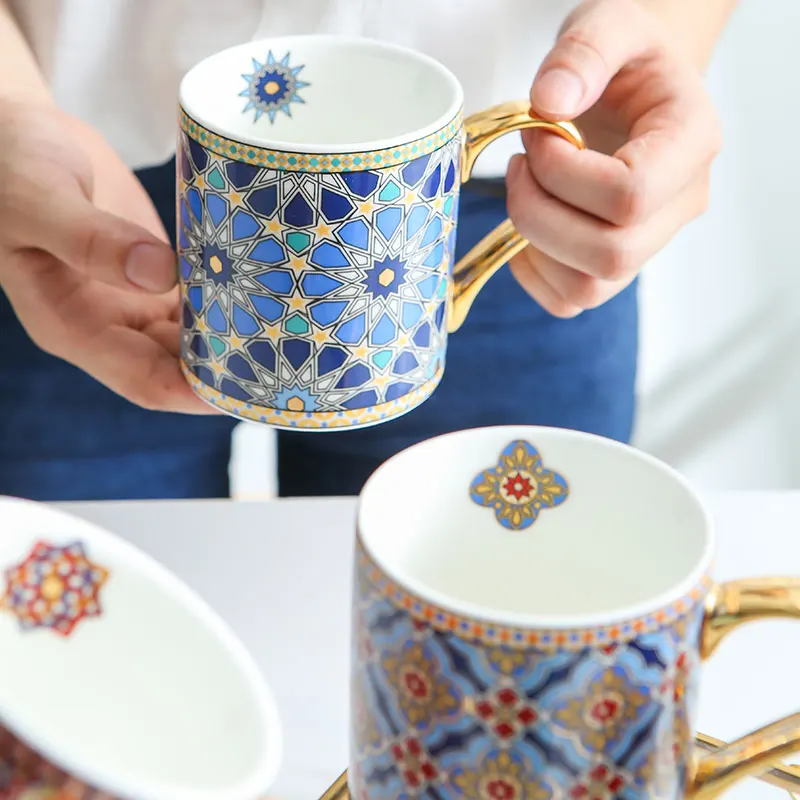 Vintage Moroccan Style Ceramic Coffee Cups with Gold Handle
