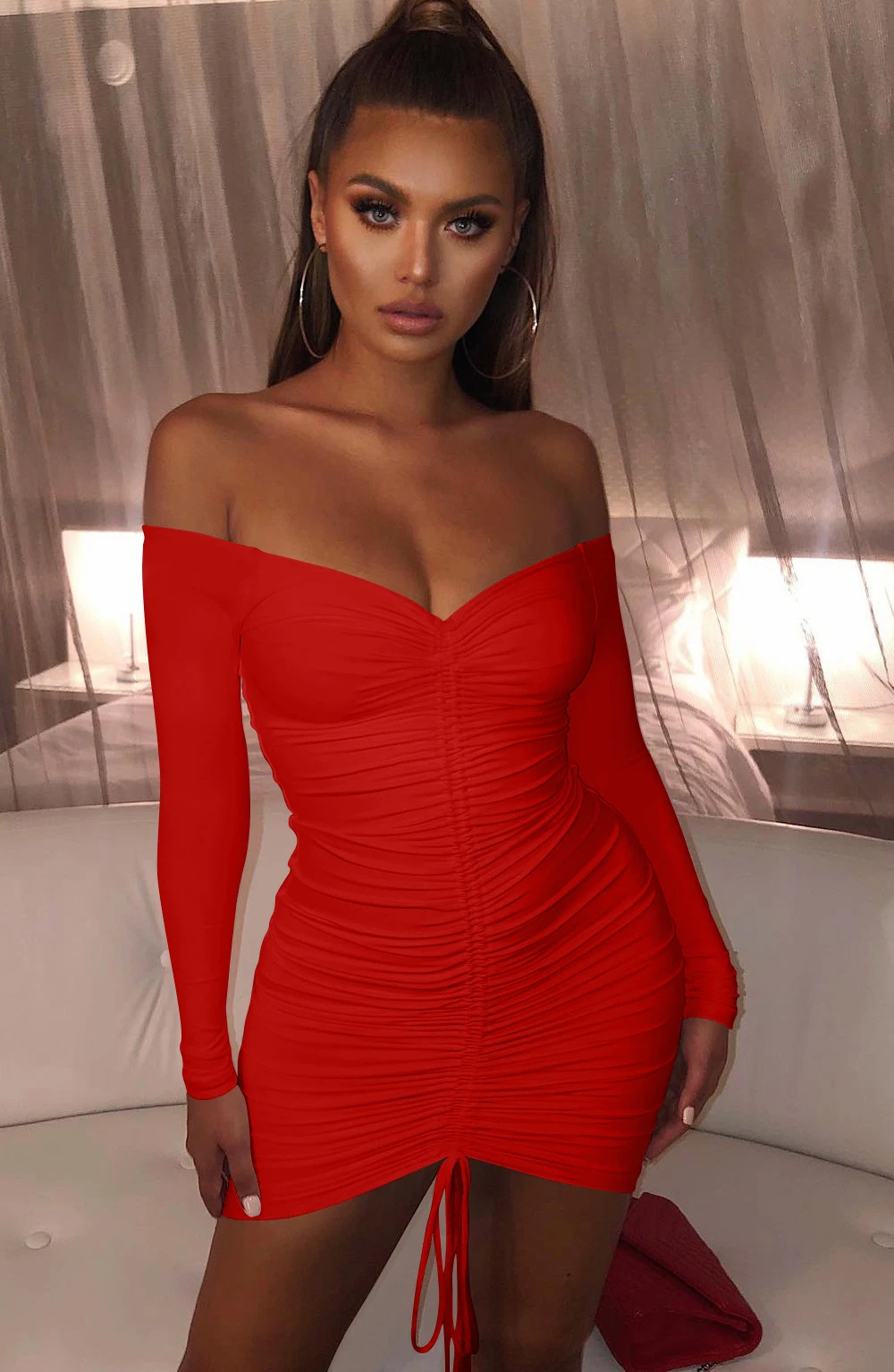 red ribbed long sleeve bardot ruched bodycon dress