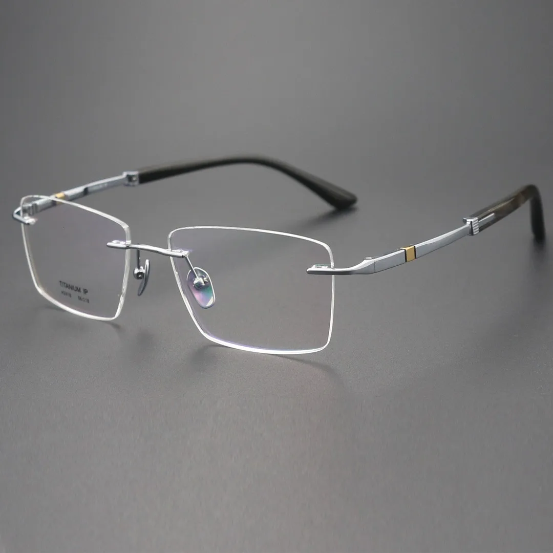 Luxury Gray Rimless Glasses with Titanium & Horn
