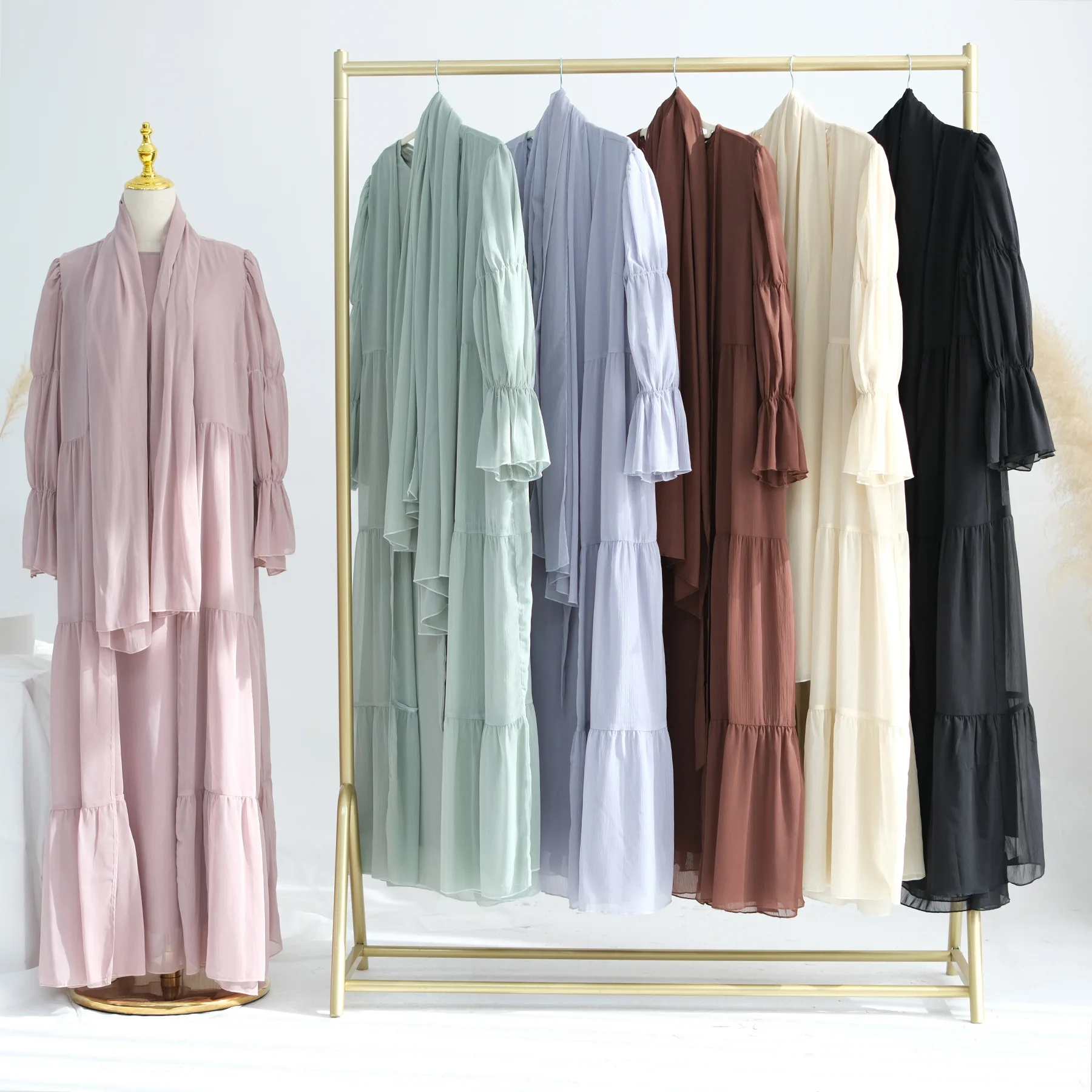 2025 Modest Robe Elegant Chiffon Open Abaya Kimono 3 Pieces Abaya Inner Dress and Hijab Set for Special Occasion