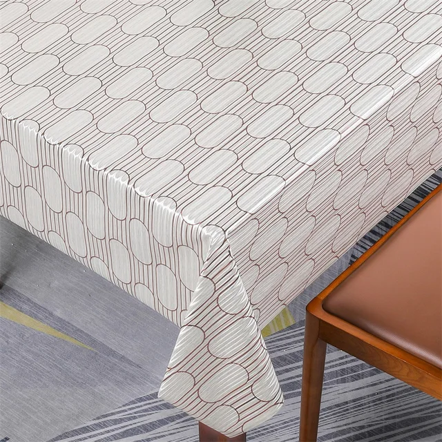 Boen High Quality Oral and Striped Pattern Beige Glossy PVC Tablecloth