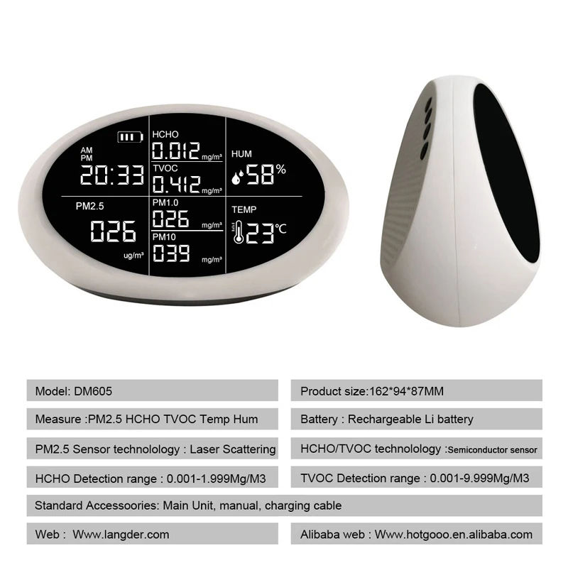 Формальдегид (HCHO) TVOC профессиональный монитор качества воздуха детектор газа аккумуляторная батарея PM2.5 темп/гул измерения