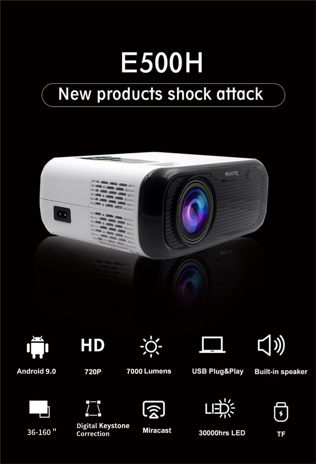 E500h Home Theater Native 720p Hd Led Projector Usb Android 9.0 Video