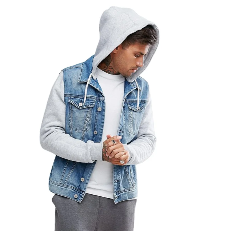 KY Cotton Spread Collar Button Placket Wholesale Denim Jacket Men With Jersey Sleeves Hood