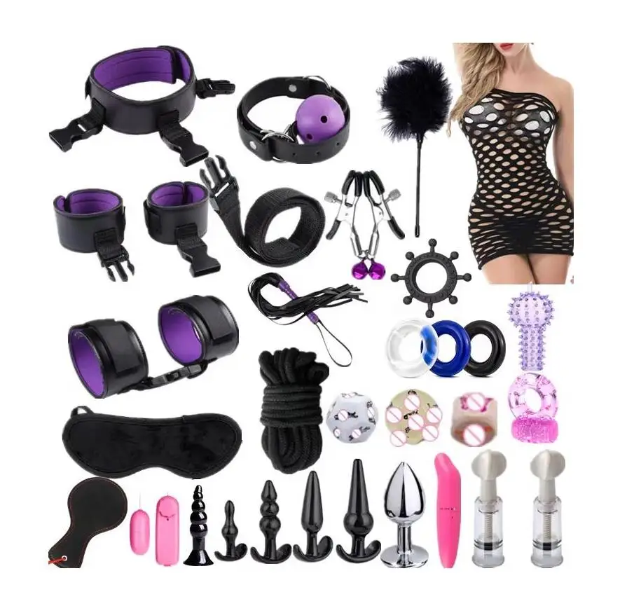 fake butt sex toy 30 Pcs BDSM Kits for Adults - Handcuffs, Cock Ring, Whip, and Anal Plug
