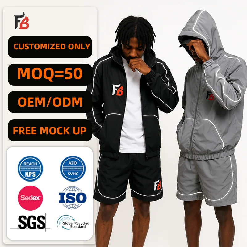 Custom Men's Sportswear Waterproof Reflective Zip up Polyester Nylon Windbreaker Track Jacket and Shorts Set Tracksuit