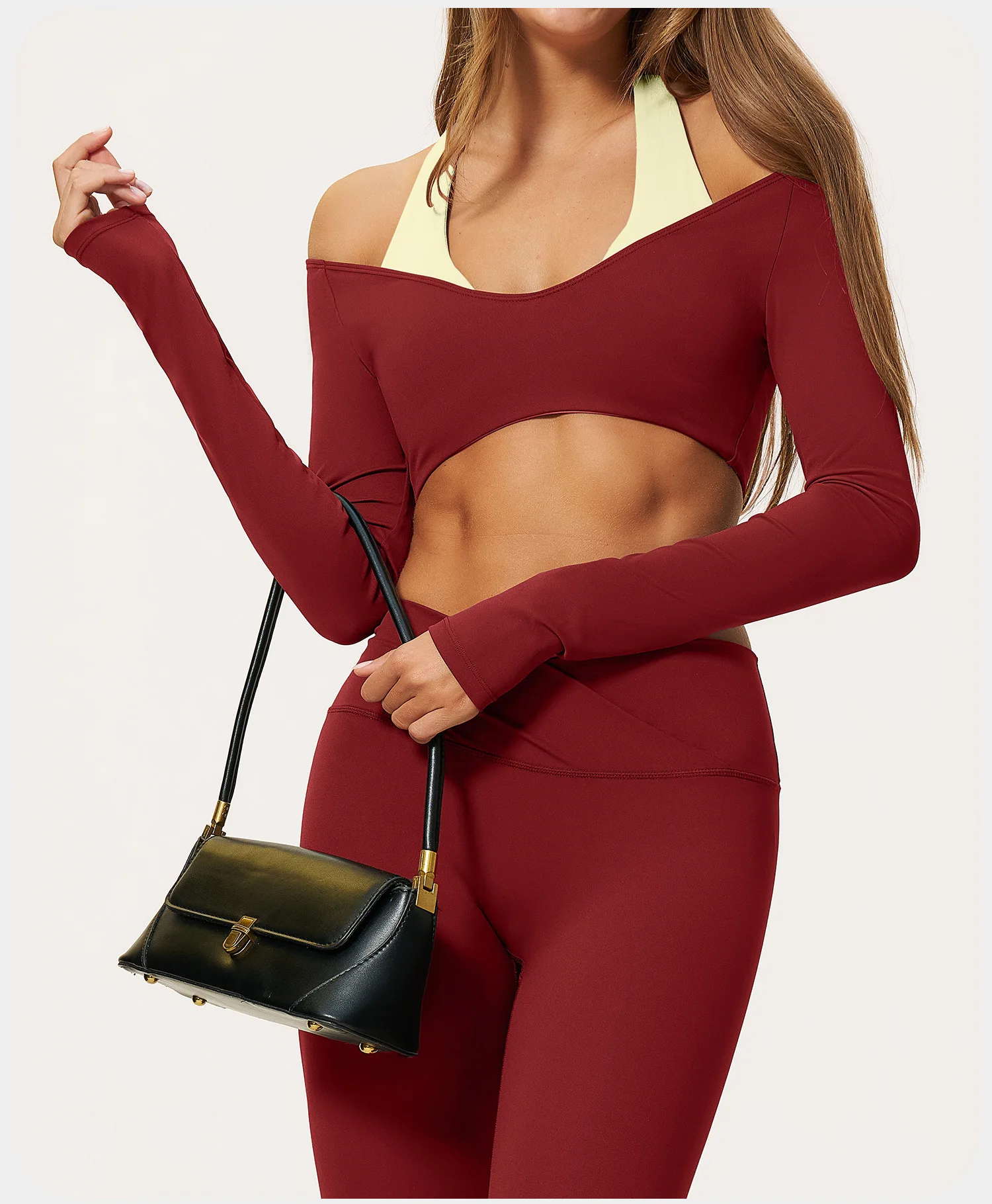 Breathable Faux Two Piece Long Sleeve Deep V Neck Crop Top With Color Blocking and Elastic Stretch — detail