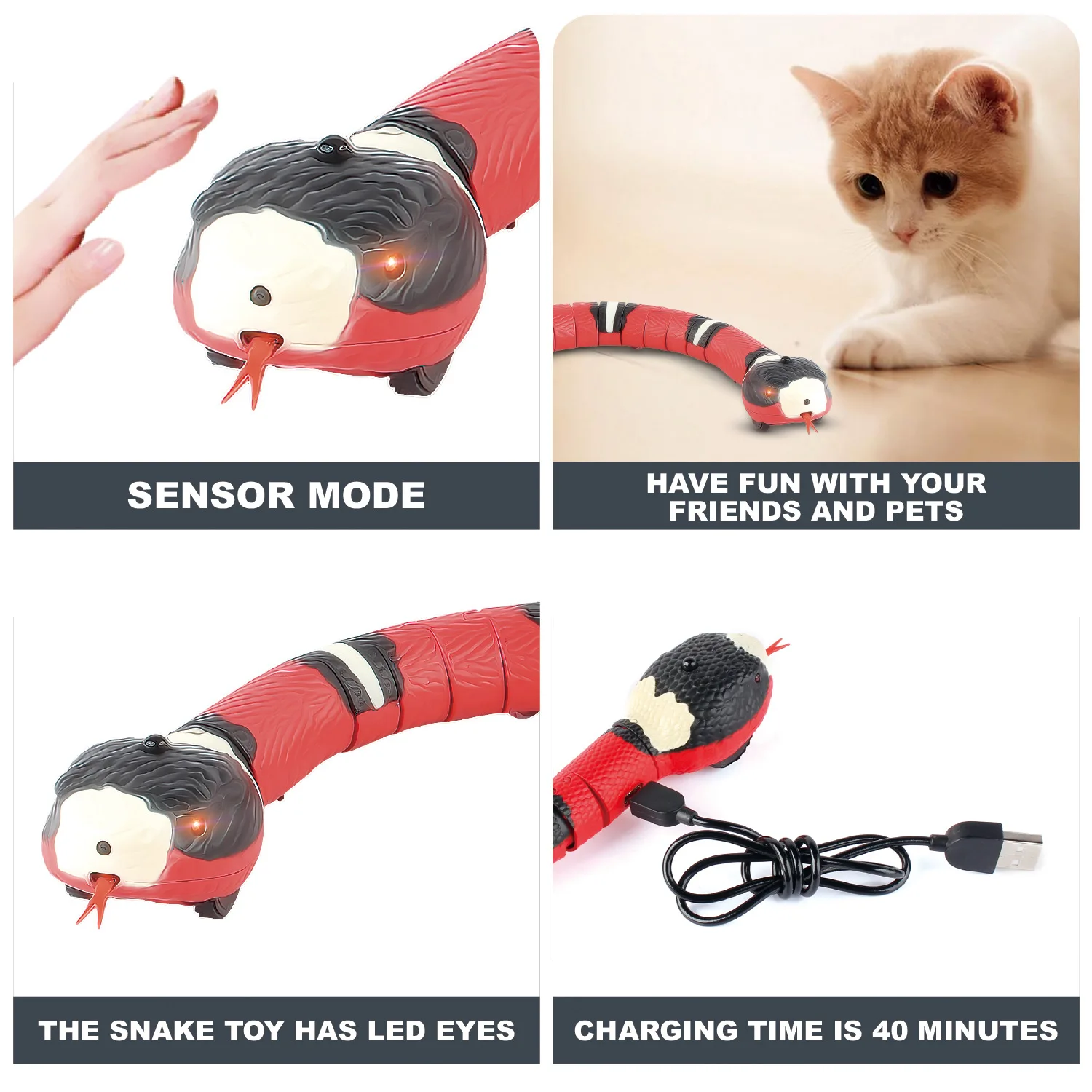 USB Charging Smart Sensing Snake Cat Toys Electric Interactive Cat Accessories for Kid Pet Dogs Game Play Toy
