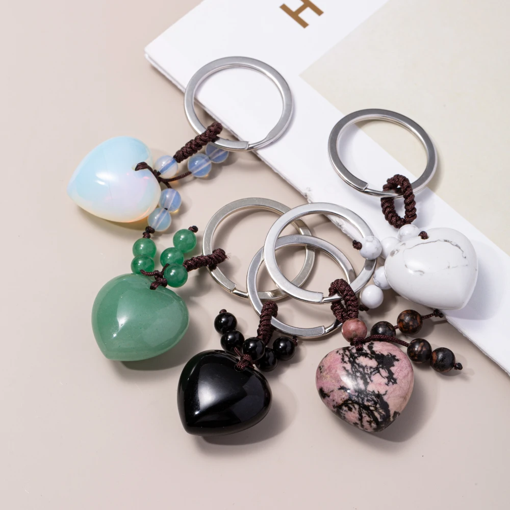 Healing Heart Love Crystal Stone Key Chain Quartz Heart Gemstone