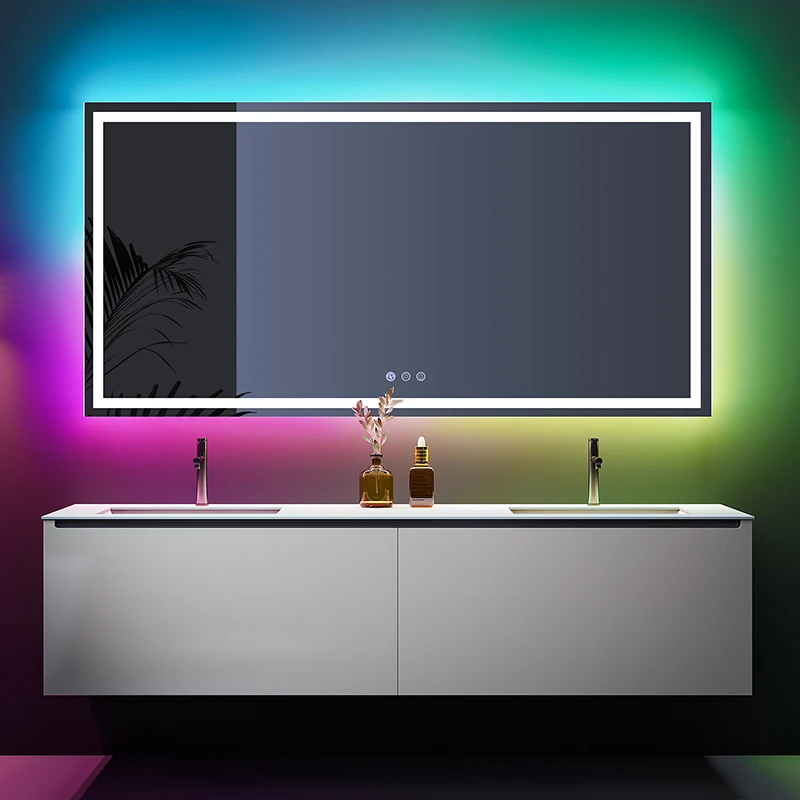 Backlit Rectangle Bathroom RGB Led Color Changing Mirror Frameless Bluetooth Music Smart Wall Mirror