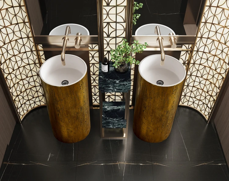 Creative Travertine Surface Gold Electroplated Luxury Style Floor Mounted Artificial Stone Wash Basin Bathroom Pedestal Sink
