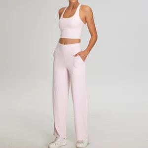 For YISHENHON Women's Breathable Gym Yoga Wear Set Solid Leisure Straight Back Short Sleeves Casual Sport Fitness Workout Pants