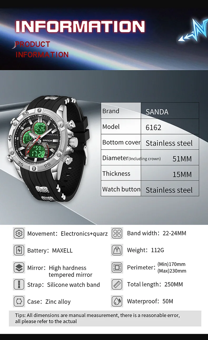 Sanda 6162 Multifunctional Waterproof watch for men 51mm dial