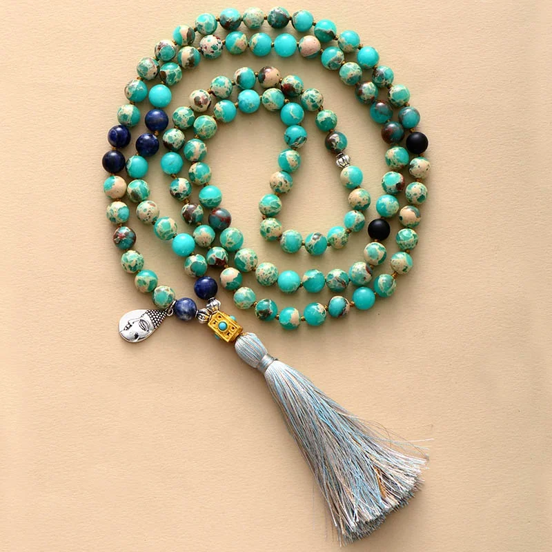 108 Bead Japa Mala Bracelet/Necklace With OM Charm - White Jade Gemstone, Stretchy Cord For Yoga & Meditation - View #7
