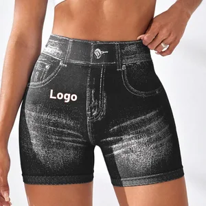 Custom Logo Print Mock Denim Seamless Yoga Shorts V-waist Hip Lifting Quick Drying Tight Fitting Running Gym Fitness Shorts