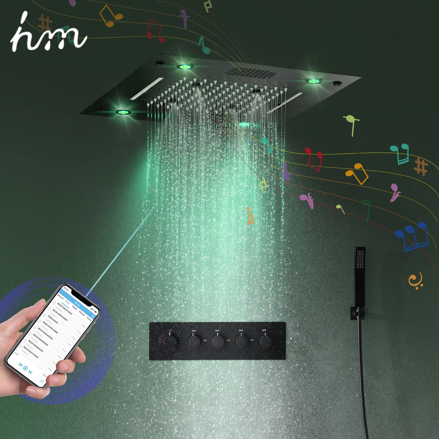HM нержавеющая сталь топ спрей светодиодная красочная музыкальная душ Многофункциональный Bluetooth ванная комната смеситель для душа комплект настенный
