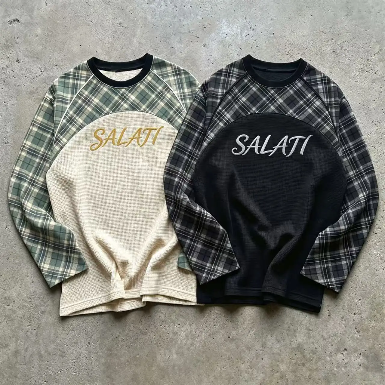 Custom 2-in-1 Layered Hooded T-shirt Unisex Winter Streetwear Mesh Jersey Oversized with Plaid Print Lined Washed