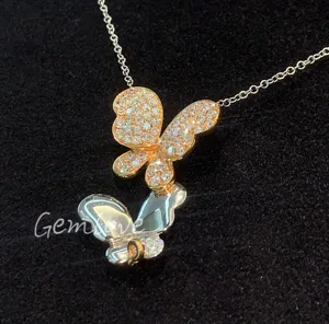 Luxurious vintage women's double butterfly design necklace IGI-certified lab-grown round-cut diamonds suitable for everyday wear