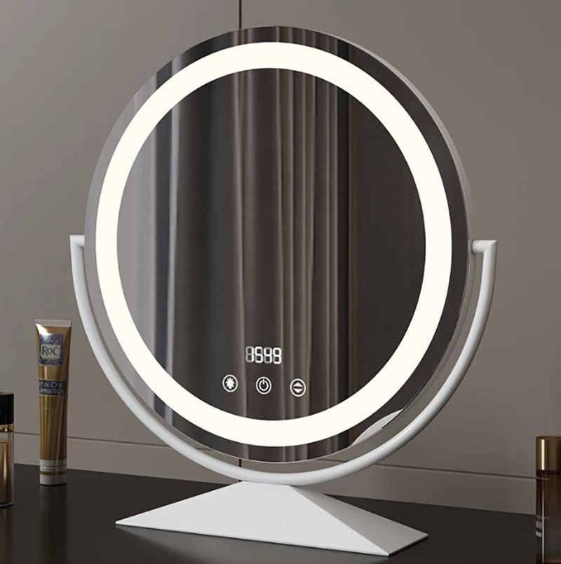 Modern Silver LED Makeup Mirror with Smart Touch Buttons for Bathroom and Vanity