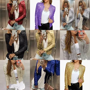 2023 Women's Formal Cardigan Coat with Colored Sequins Small Size Short Jacket Casual Plus Tops Standing Collar