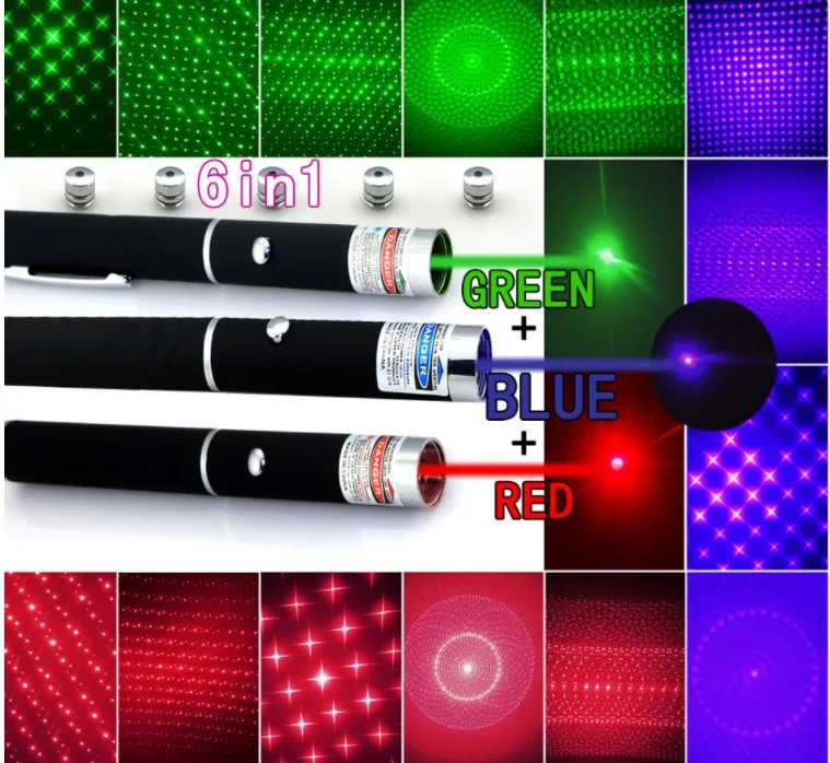 5 Star Caps 6in1 1mw 650nm Red Green Blue Laser Pointer Pen Laser Flashlight 